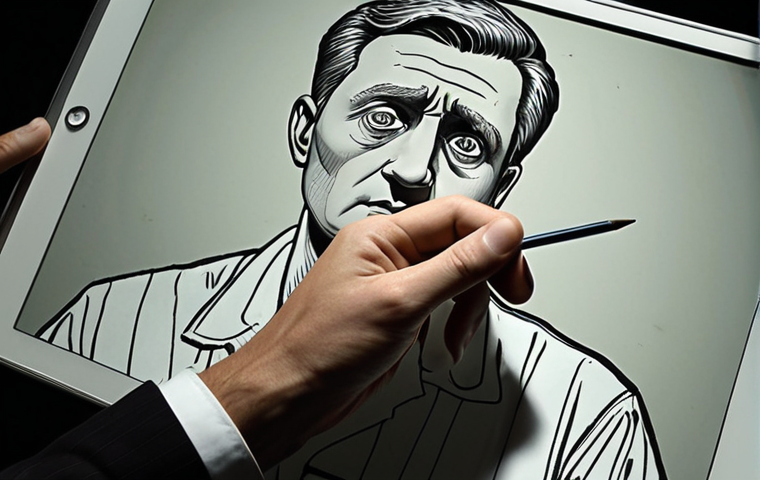 A skilled forensic artist intently sketching a detailed composite portrait on a digital tablet, guided by an anxious eyewitness describing subtle facial features. The scene is set in a dimly lit, serious interrogation room, highlighting the intricate process of transforming vague memories into a tangible image. Subtle hints of psychological profiling through the witness's body language (e.g., how they sit, a slight hand gesture) are present. Realistic, detailed, dramatic lighting, focusing on human interaction and the creative process. --ar 16:9