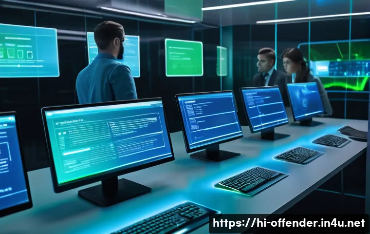 미제 사건을 해결하는 새로운 기법 - A high-tech digital forensic laboratory scene showing experts analyzing recovered deleted data from ...