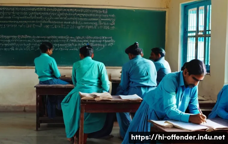 교정시설 내 범죄 재발 방지 프로그램 - A detailed scene inside an Indian prison classroom focusing on literacy and basic education for inma...